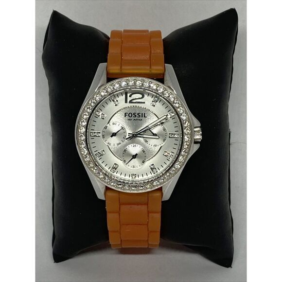 Fossil ES3202 Women Orange Rubber Analog Silver Dial Quartz Genuine Watch HK1018 - Picture 1 of 12